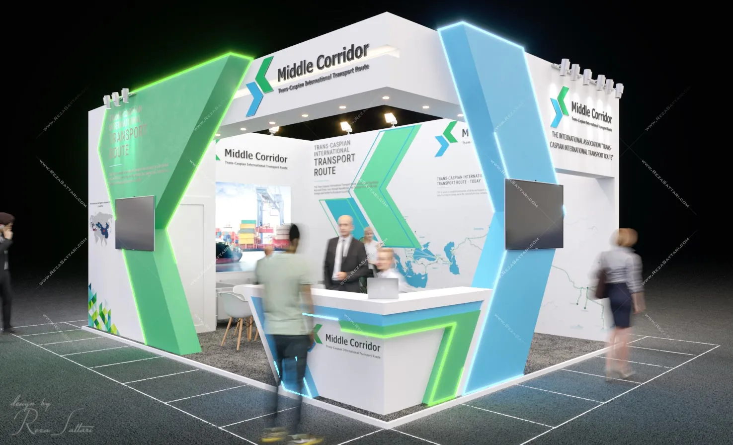 35sqm exhibition booth design for global logistics company with arrow motif
