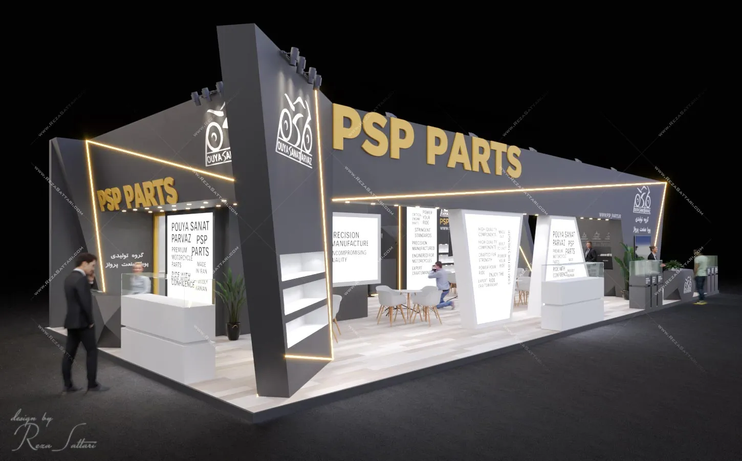 Motorcycle spare parts exhibition booth – 160sqm modern angular design