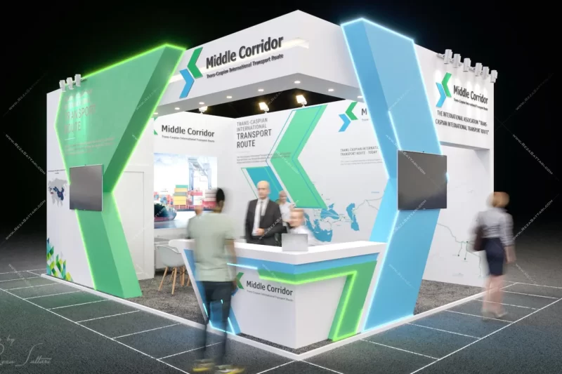 35sqm exhibition booth design for global logistics company with arrow motif