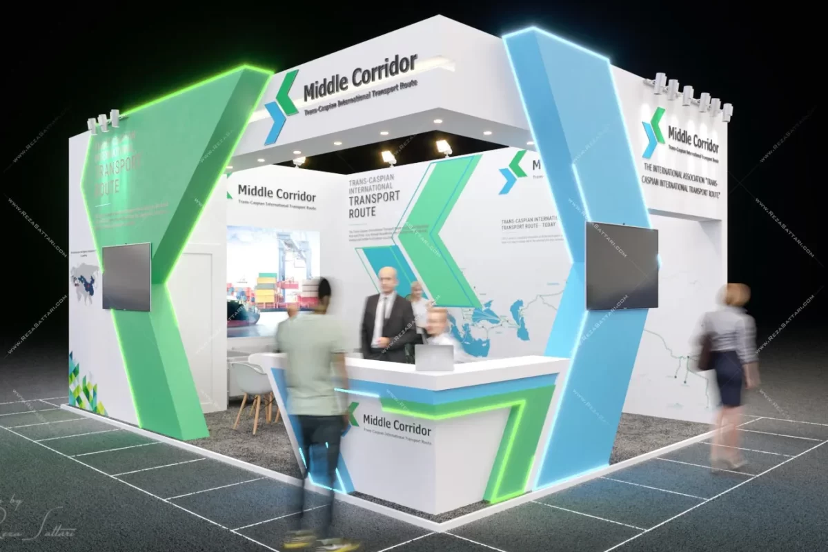 35sqm exhibition booth design for global logistics company with arrow motif