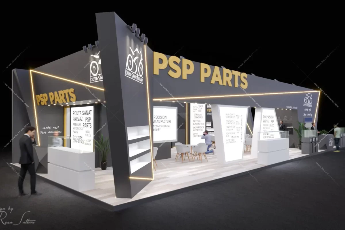 Motorcycle spare parts exhibition booth – 160sqm modern angular design