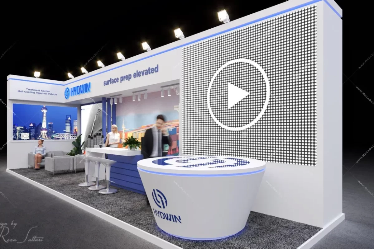 33sqm logistics and shipping exhibition booth in navy and white